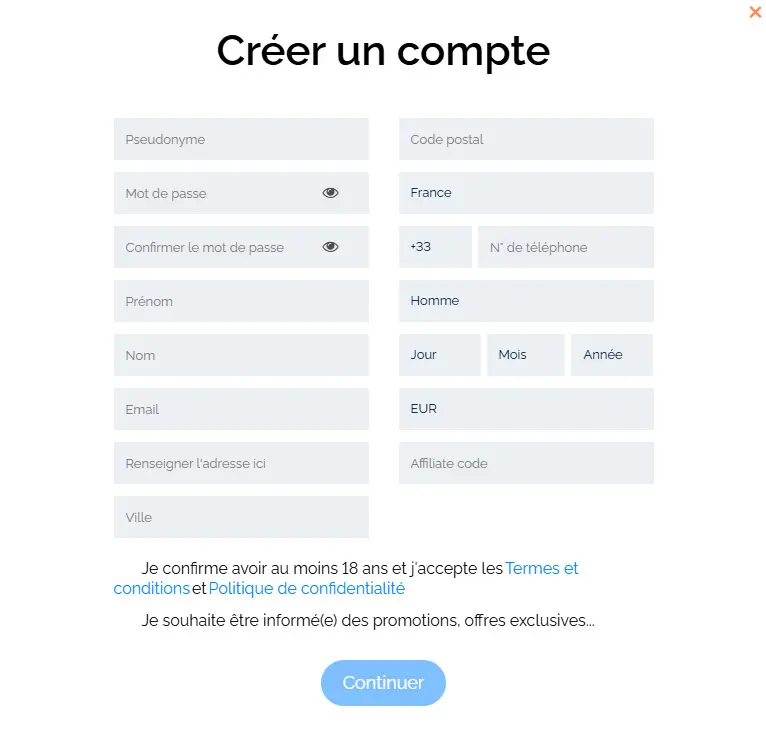 Processus d'inscription WILD TORNADO CASINO